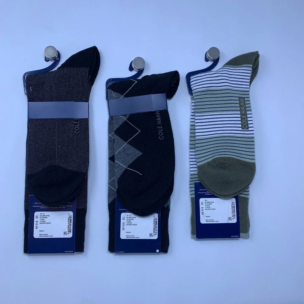 Cole Haan Mens 10-13 Multicolor Argyle Stripe Dot 3 Pair Lot Dress Crew Socks